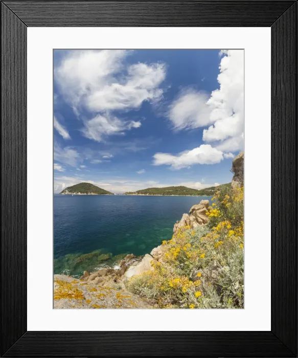 Framed Print : Panoramic of blue sea, Gulf of Procchio, Marciana, Elba Island, Livorno Province Framed Print : Panoramic of blue sea, Gulf of Procchio, Marciana, Elba Island, Livorno Province
