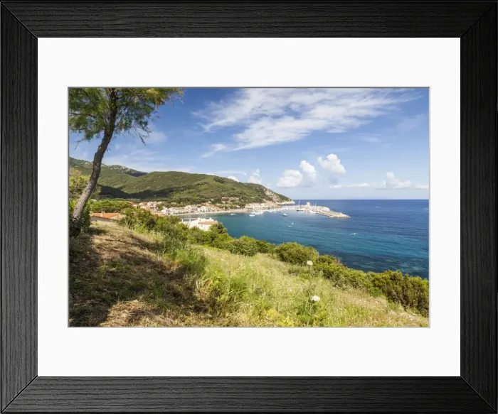 Framed Print : View of harbor and turquoise sea, Marciana Marina, Elba Island, Livorno Province Framed Print : View of harbor and turquoise sea, Marciana Marina, Elba Island, Livorno Province