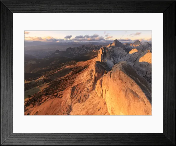 Framed Print : Aerial view of Roda Di Vael at sunset, Catinaccio Group (Rosengarten), Dolomites Framed Print : Aerial view of Roda Di Vael at sunset, Catinaccio Group (Rosengarten), Dolomites