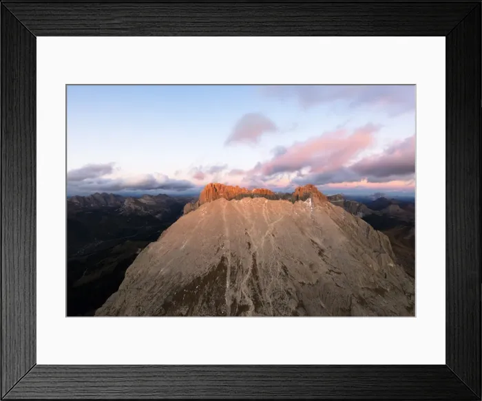 Framed Print : Aerial view of Sassolungo and Sassopiatto mountain range at sunset, Dolomites, South Tyrol Framed Print : Aerial view of Sassolungo and Sassopiatto mountain range at sunset, Dolomites, South Tyrol