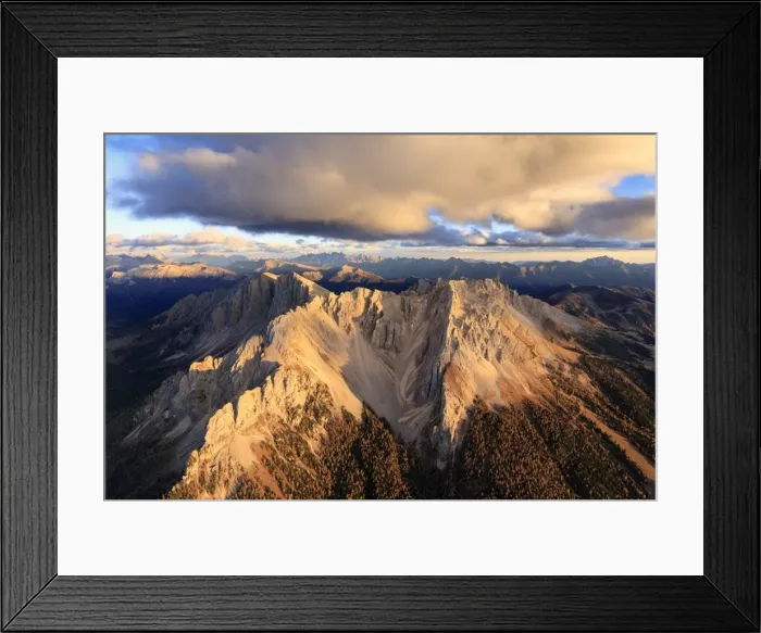 Framed Print : Aerial view of the rocky peaks of Latemar at sunset, Dolomites, South Tyrol, Italy
