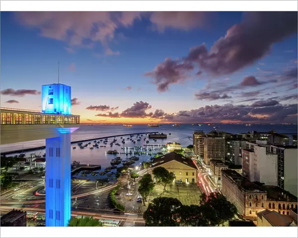 Lacerda Elevator at dusk, Salvador, State of Bahia, Brazil, South America