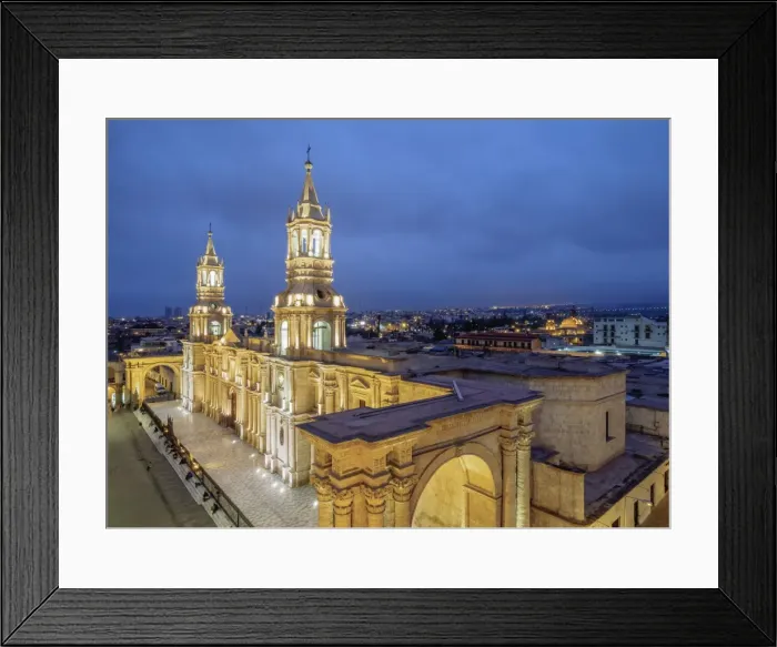 Framed Print : Cathedral at twilight, Plaza de Armas, elevated view, Arequipa, Peru, South America Framed Print : Cathedral at twilight, Plaza de Armas, elevated view, Arequipa, Peru, South America
