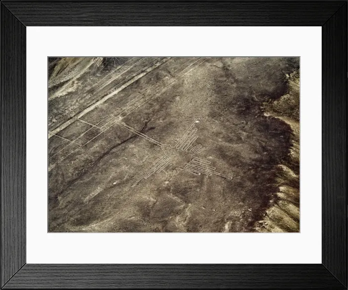 Framed Print : The Humming Bird Geoglyph, aerial view, Nazca, UNESCO World Heritage Site, Ica Region Framed Print : The Humming Bird Geoglyph, aerial view, Nazca, UNESCO World Heritage Site, Ica Region