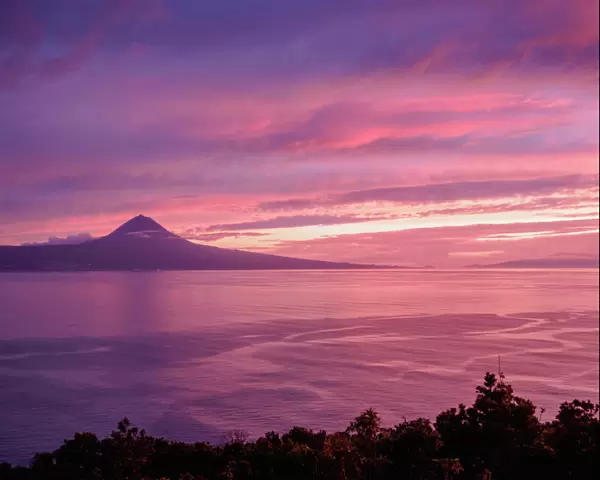 View towards the Pico Island at sunset, Sao Jorge Island, Azores, Portugal, Atlantic
