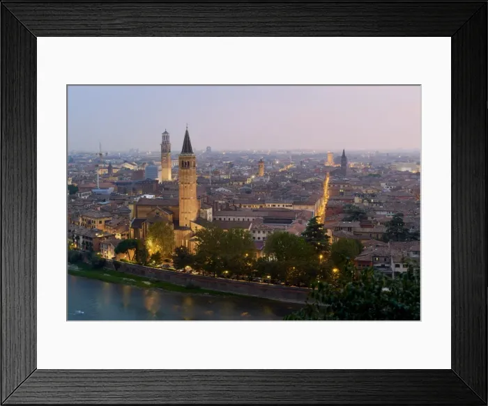 Framed Print : Cityscape at dusk seen from Castel San Pietro, Verona, Veneto, Italy, Europe Framed Print : Cityscape at dusk seen from Castel San Pietro, Verona, Veneto, Italy, Europe