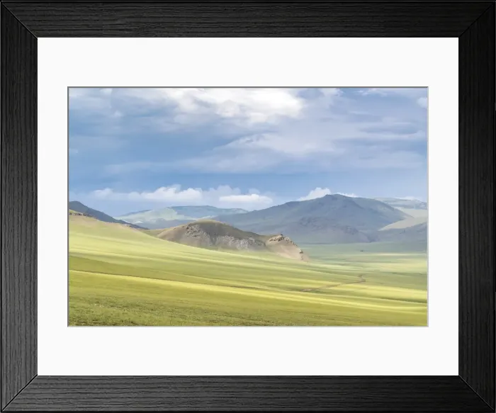 Framed Print : Landscape of the green Mongolian steppe under a gloomy sky, Ovorkhangai province Framed Print : Landscape of the green Mongolian steppe under a gloomy sky, Ovorkhangai province