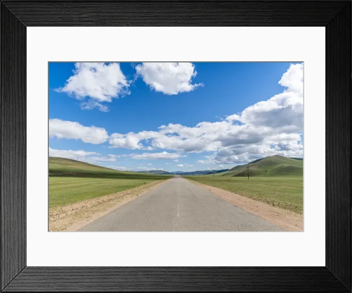 Framed Print : Straight road in the Mongolian steppe and clouds in the sky, North Hangay province Framed Print : Straight road in the Mongolian steppe and clouds in the sky, North Hangay province