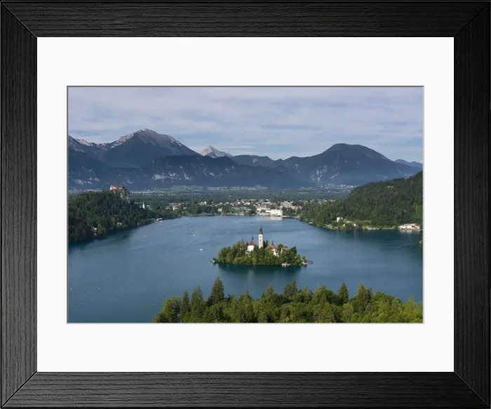 Framed Print : A view from above of Lake Bled and the Assumption of Mary Pilgrimage Church, Bled Framed Print : A view from above of Lake Bled and the Assumption of Mary Pilgrimage Church, Bled