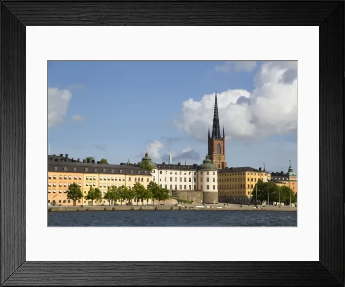 Framed Print : Waterfront with Riddarholmen Church in background, Gamla Stan, Stockholm, Sweden