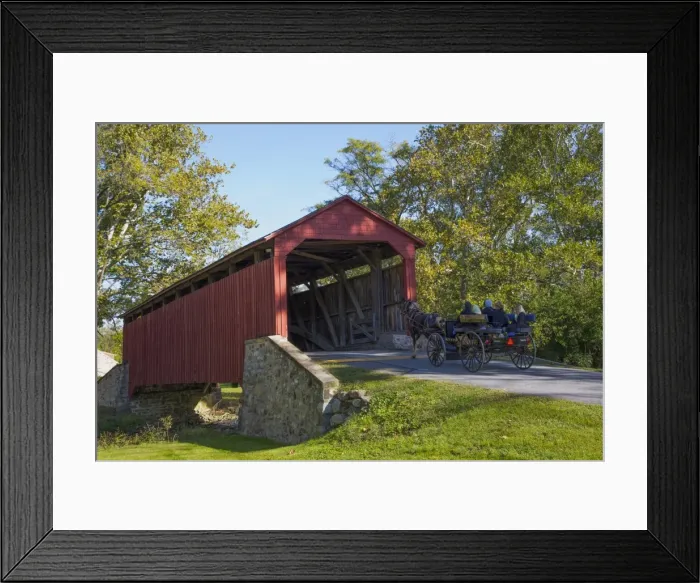 Framed Print : Amish Horse-drawn Buggy, Pool Forge Covered Bridge, built in 1859, Lancaster County Framed Print : Amish Horse-drawn Buggy, Pool Forge Covered Bridge, built in 1859, Lancaster County