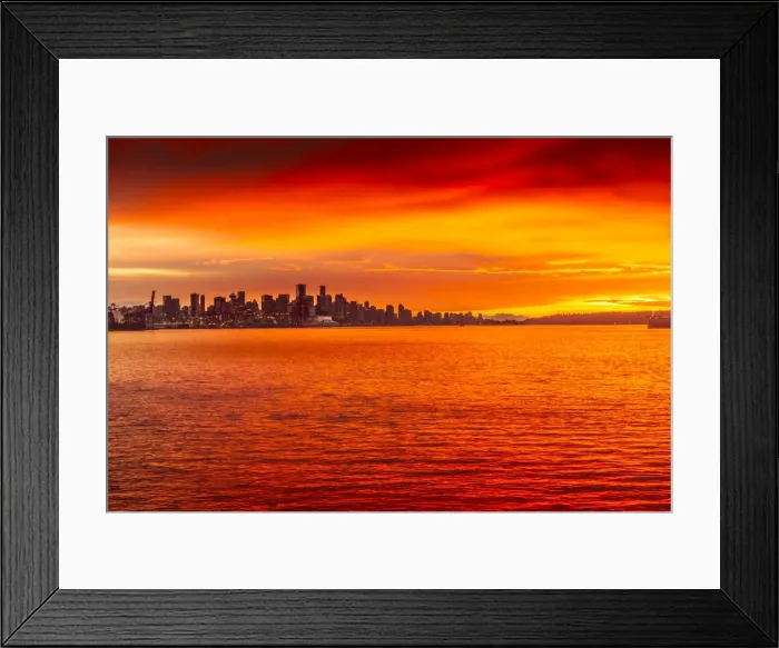 Framed Print : View of Vancouver Skyline from North Vancouver at sunset, British Columbia, Canada Framed Print : View of Vancouver Skyline from North Vancouver at sunset, British Columbia, Canada