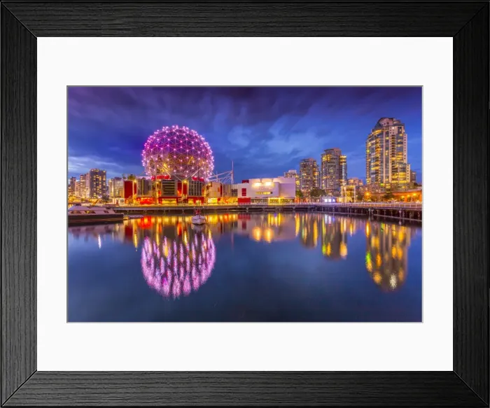 Framed Print : View of False Creek and Vancouver skyline, including World of Science Dome at dusk Framed Print : View of False Creek and Vancouver skyline, including World of Science Dome at dusk