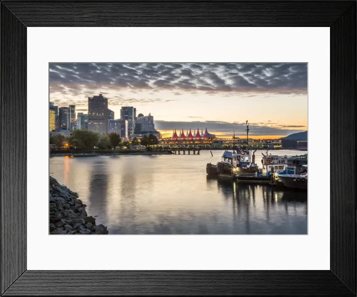 Framed Print : View of Canada Place and urban office buildings at sunset from CRAB Park, Vancouver Framed Print : View of Canada Place and urban office buildings at sunset from CRAB Park, Vancouver