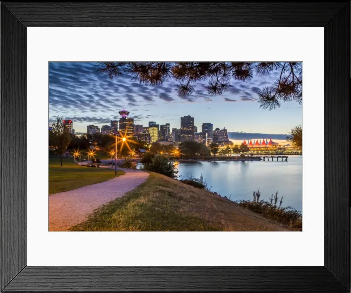 Framed Print : View of city skyline and Vancouver Lookout Tower from CRAB Park at Portside, Vancouver