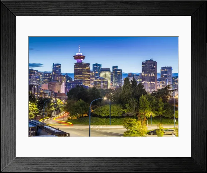 Framed Print : View of city skyline and Vancouver Lookout Tower at dusk from Portside, Vancouver Framed Print : View of city skyline and Vancouver Lookout Tower at dusk from Portside, Vancouver
