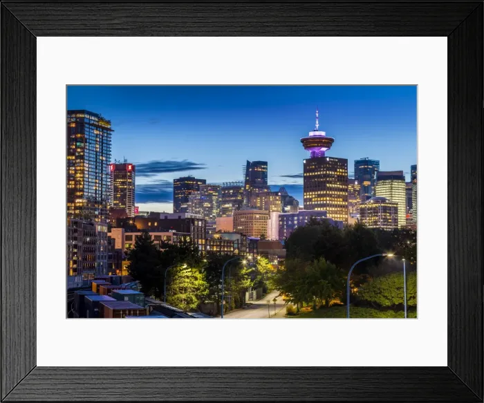 Framed Print : View of city skyline and Vancouver Lookout Tower at dusk from Portside, Vancouver Framed Print : View of city skyline and Vancouver Lookout Tower at dusk from Portside, Vancouver