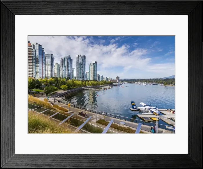 Framed Print : View of seaplane and urban office buildings around Vancouver Harbour, Downtown, Vancouver Framed Print : View of seaplane and urban office buildings around Vancouver Harbour, Downtown, Vancouver