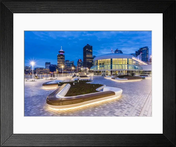 Framed Print : City skyline including Vancouver Lookout Tower as viewed from Canada Place at dusk Framed Print : City skyline including Vancouver Lookout Tower as viewed from Canada Place at dusk