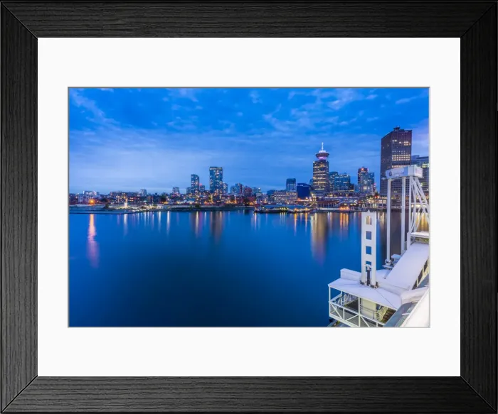Framed Print : City skyline including Vancouver Lookout Tower as viewed from Canada Place at dusk Framed Print : City skyline including Vancouver Lookout Tower as viewed from Canada Place at dusk