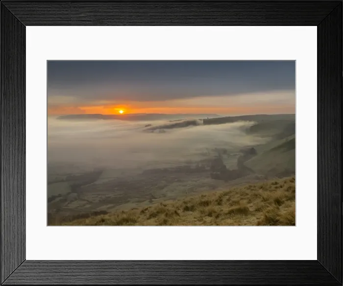 Framed Print : View from Mam Tor of fog in Hope Valley at sunrise, Castleton, Peak District National Park Framed Print : View from Mam Tor of fog in Hope Valley at sunrise, Castleton, Peak District National Park