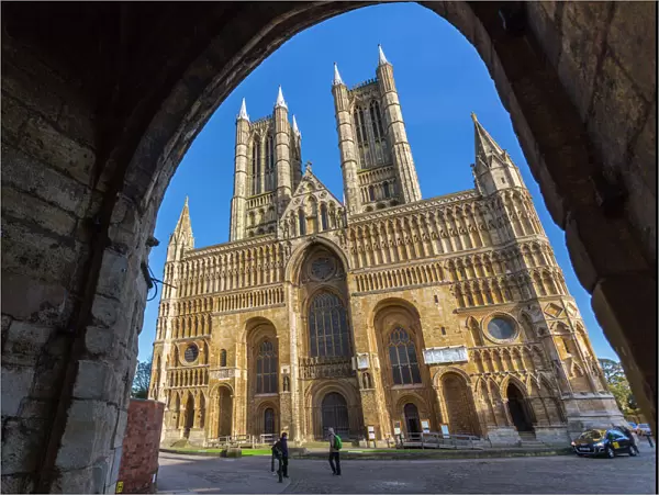 Lincoln Cathedral viewed through archway of Exchequer Gate, Lincoln, Lincolnshire