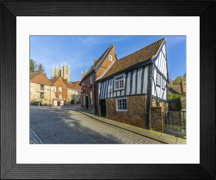 Framed Print : Lincoln Cathedral and timbered architecture viewed from the cobbled Steep Hill, Lincoln Framed Print : Lincoln Cathedral and timbered architecture viewed from the cobbled Steep Hill, Lincoln