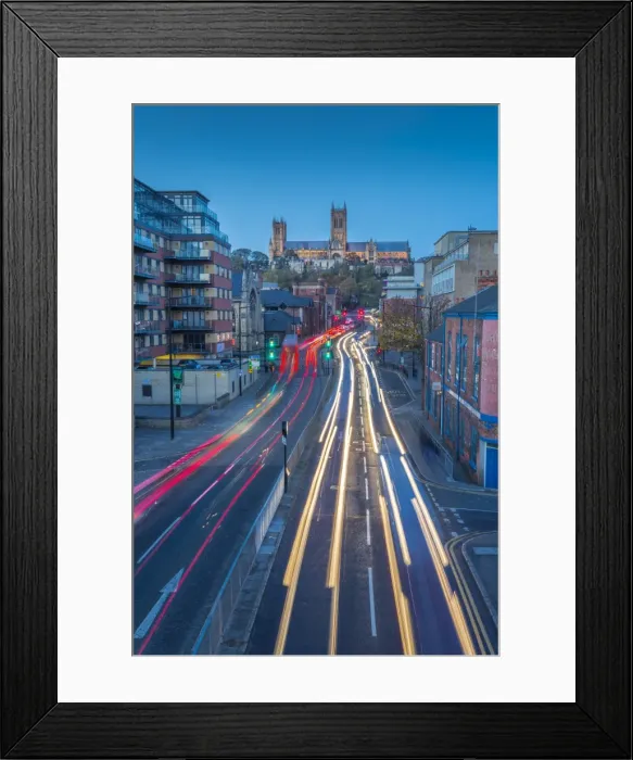 Framed Print : View of Lincoln Cathedral and traffic on Broadgate at dusk, Lincoln, Lincolnshire Framed Print : View of Lincoln Cathedral and traffic on Broadgate at dusk, Lincoln, Lincolnshire