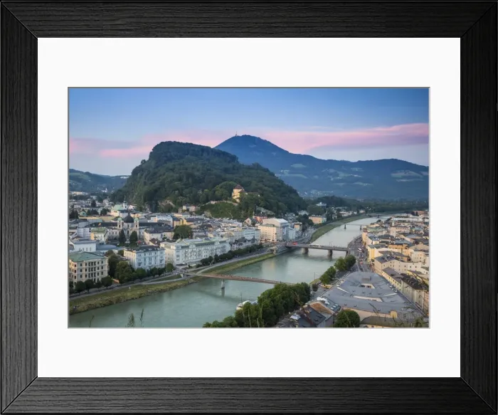 Framed Print : View of Salzach River with The Old City to the right and the New City to the left Framed Print : View of Salzach River with The Old City to the right and the New City to the left