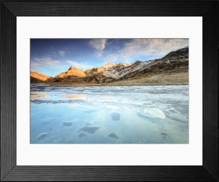 Framed Print : Frozen lake Montespluga at dawn, Chiavenna Valley, Sondrio province, Valtellina, Lombardy Framed Print : Frozen lake Montespluga at dawn, Chiavenna Valley, Sondrio province, Valtellina, Lombardy