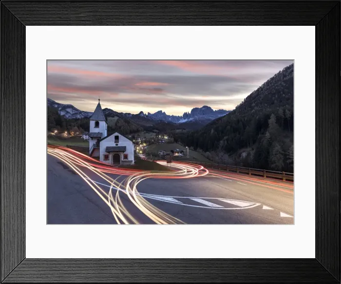 Framed Print : Lights of car trails around the Church of San Cipriano, Tires Valley, Dolomites, South Tyrol Framed Print : Lights of car trails around the Church of San Cipriano, Tires Valley, Dolomites, South Tyrol