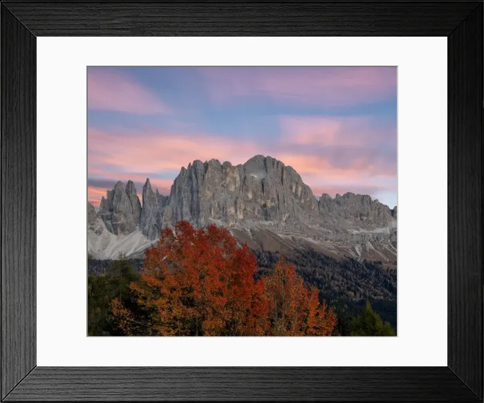 Framed Print : Sunrise on Catinaccio Rosengarten and Torri Del Vajolet in autumn, Tires Valley, Dolomites