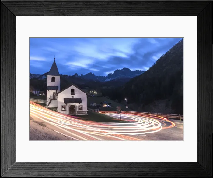 Framed Print : Lights of car trails around the Church of San Cipriano, Tires Valley, Dolomites, South Tyrol Framed Print : Lights of car trails around the Church of San Cipriano, Tires Valley, Dolomites, South Tyrol