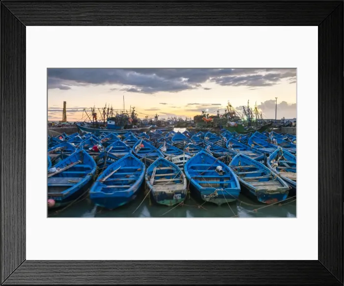 Framed Print : Blue boats in the old fishing port at sunset, Essaouira, Marrakesh-Safi, Morocco Framed Print : Blue boats in the old fishing port at sunset, Essaouira, Marrakesh-Safi, Morocco