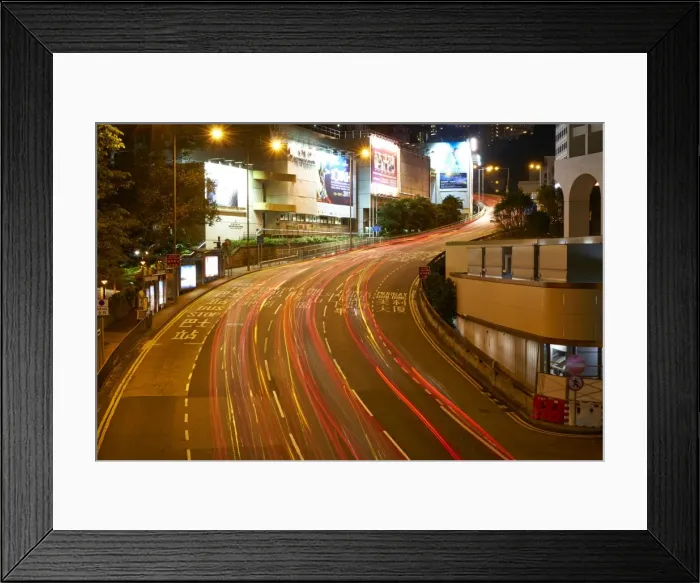 Framed Print : Car light trails on a busy road in Central, Hong Kong Island by night, Hong Kong Framed Print : Car light trails on a busy road in Central, Hong Kong Island by night, Hong Kong
