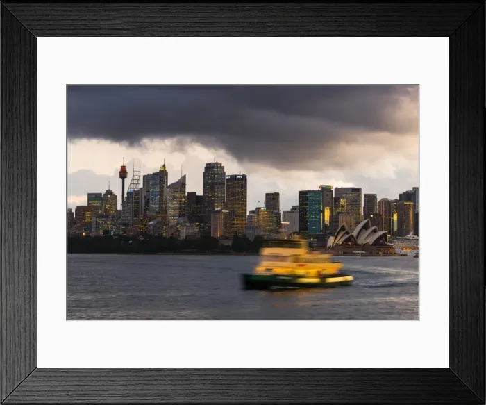 Framed Print : A ferry in Sydney Harbour at dusk with the Opera House and city skyline, Sydney, New South Wales Framed Print : A ferry in Sydney Harbour at dusk with the Opera House and city skyline, Sydney, New South Wales