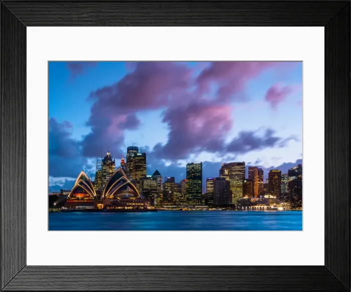 Framed Print : Sydney city skyline and harbour including the Opera House at dusk, Sydney, New South Wales Framed Print : Sydney city skyline and harbour including the Opera House at dusk, Sydney, New South Wales