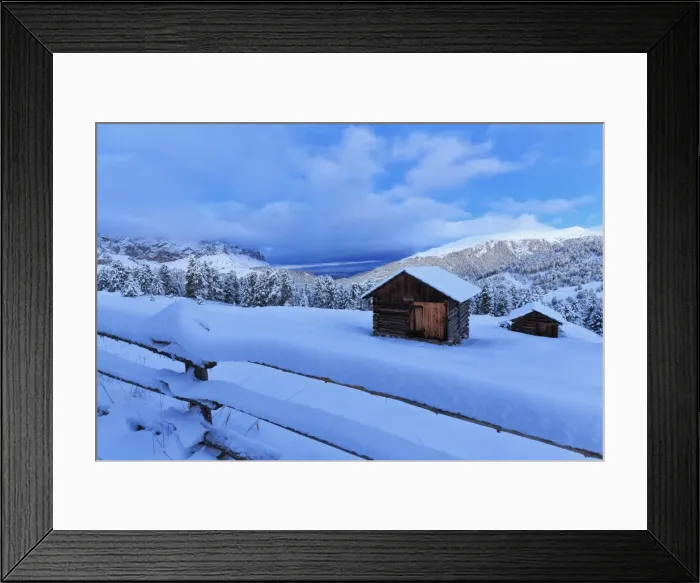 Framed Print : Old snow-covered huts during twilight, Erbe Pass, Funes Valley, Sudtirol (South Tyrol) Framed Print : Old snow-covered huts during twilight, Erbe Pass, Funes Valley, Sudtirol (South Tyrol)