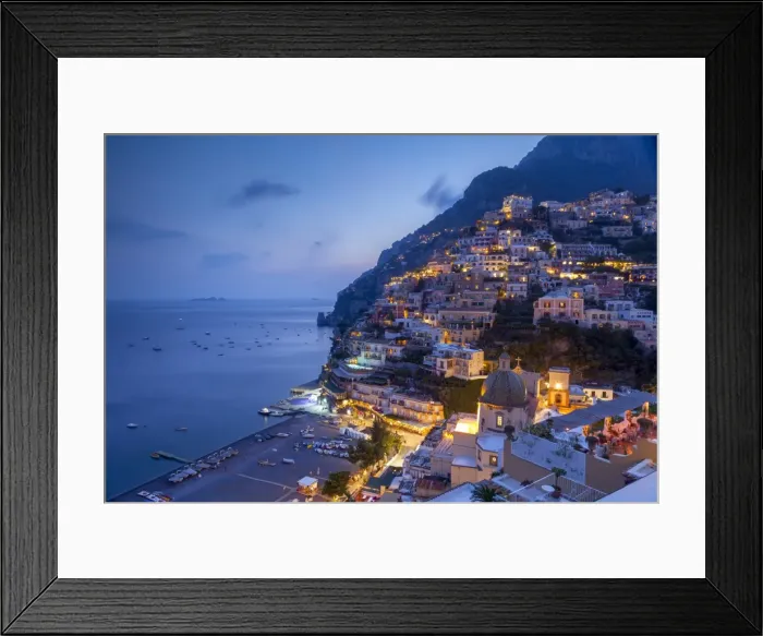 Framed Print : Positano and beach at dusk, Amalfi Coast (Costiera Amalfitana), UNESCO World Heritage Site