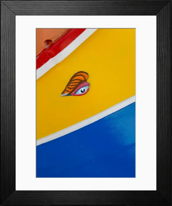Framed Print : Detail of traditional brightly painted fishing boat in the harbour at Marsaxlokk Framed Print : Detail of traditional brightly painted fishing boat in the harbour at Marsaxlokk