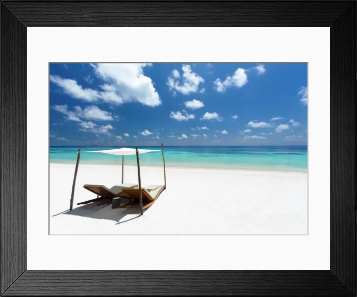 Framed Print : Lounge chairs on tropical white sandy beach, The Maldives, Indian Ocean, Asia Framed Print : Lounge chairs on tropical white sandy beach, The Maldives, Indian Ocean, Asia