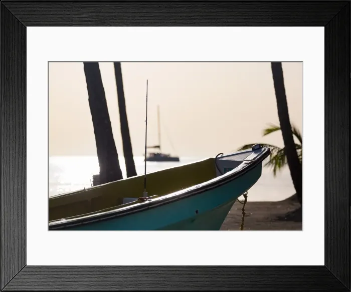 Framed Print : Traditional boat on the beach at Marigot Bay at dusk, St. Lucia, Windward Islands Framed Print : Traditional boat on the beach at Marigot Bay at dusk, St. Lucia, Windward Islands