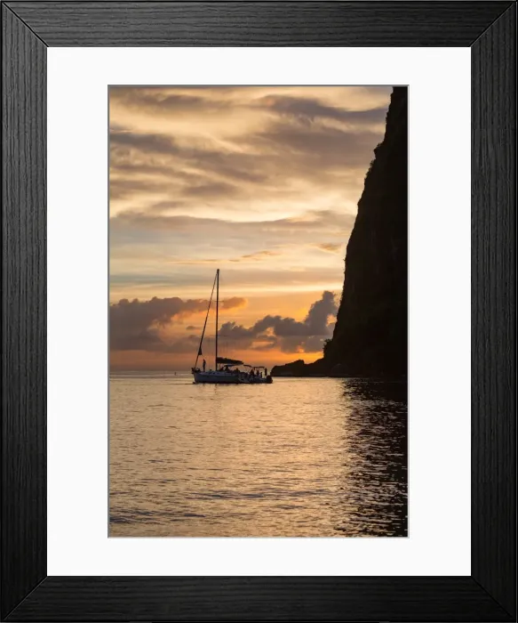 Framed Print : Boat moored at the base of Petit Piton near Sugar Beach at dusk, St. Lucia, Windward Islands Framed Print : Boat moored at the base of Petit Piton near Sugar Beach at dusk, St. Lucia, Windward Islands