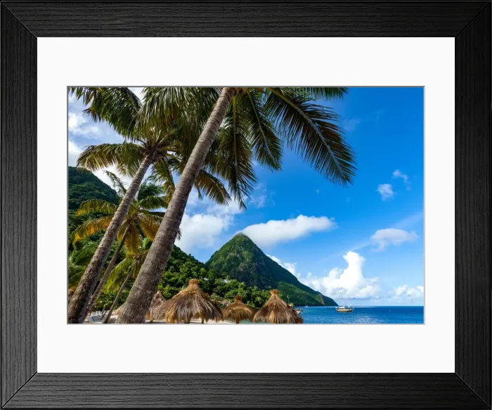 Framed Print : Gros Piton, with palm trees and thatched sun umbrellas, Sugar Beach, St. Lucia, Windward Islands Framed Print : Gros Piton, with palm trees and thatched sun umbrellas, Sugar Beach, St. Lucia, Windward Islands