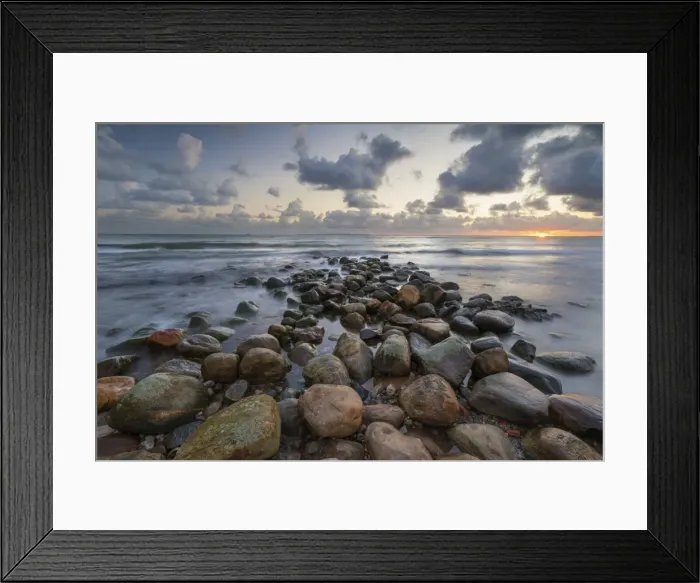 Framed Print : Rock breakwater in sea at sunrise, Munkerup, Kattegat Coast, Zealand, Denmark, Scandinavia Framed Print : Rock breakwater in sea at sunrise, Munkerup, Kattegat Coast, Zealand, Denmark, Scandinavia