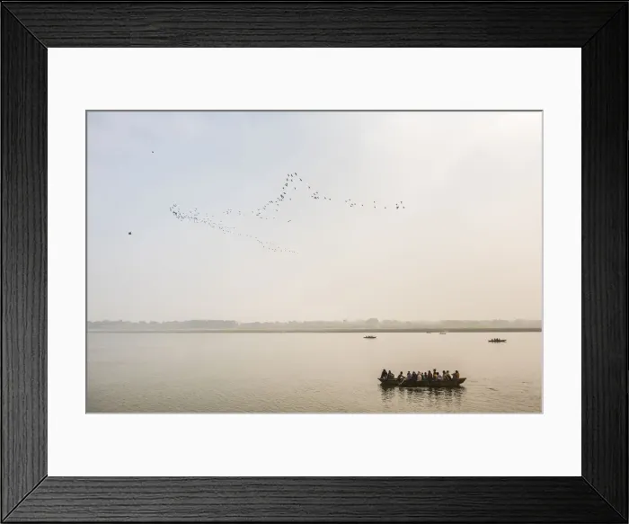 Framed Print : Pilgrims on a boat on the River Ganges, Varanasi, Uttar Pradesh, India, Asia