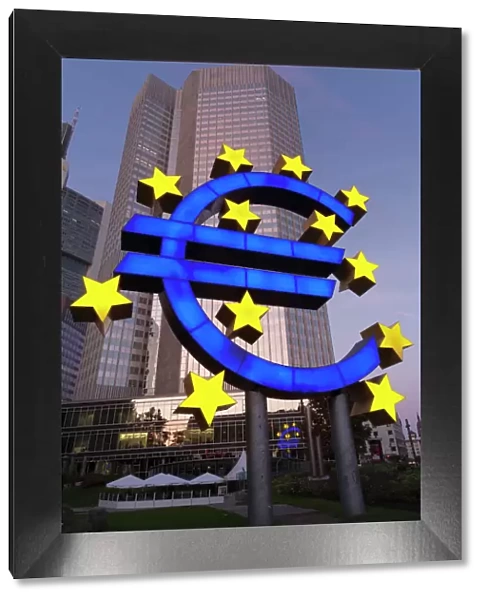Euro symbol in front of the European Central Bank, Frankfurt, Hesse, Germany, Europe