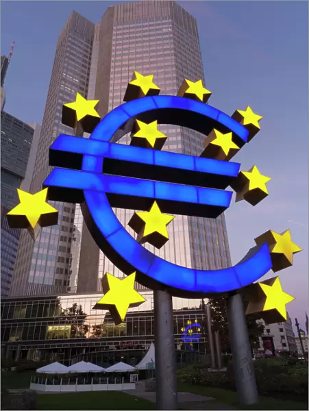 Euro symbol in front of the European Central Bank, Frankfurt, Hesse, Germany, Europe