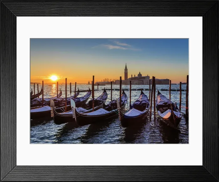 Framed Print : Venetian winter sunrise after snow with gondolas, San Giorgio Maggiore and Lido, Venice Framed Print : Venetian winter sunrise after snow with gondolas, San Giorgio Maggiore and Lido, Venice