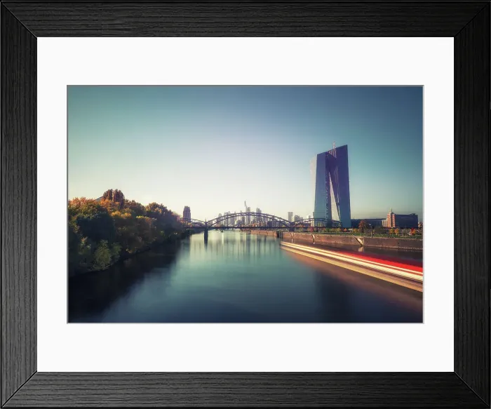 Framed Print : Frankfurt Ostend cityscape with a passing ship on the Main River, Frankfurt, Hesse